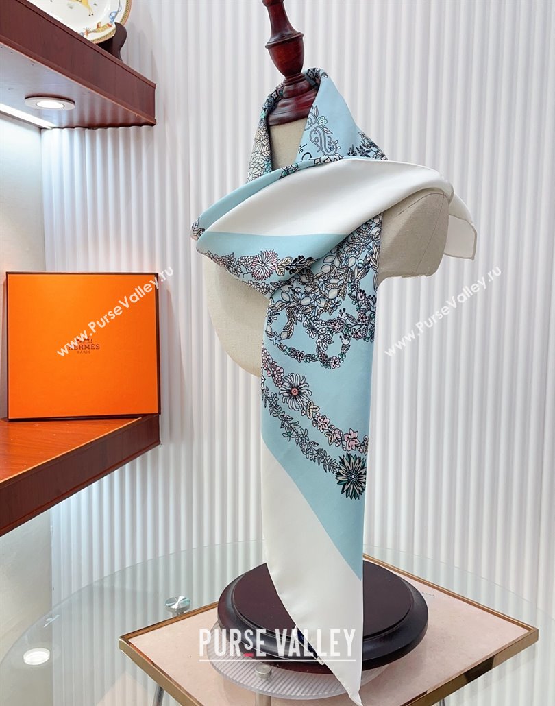 Hermes Brides de Gala en Fleurs Silk Square Scarf 90x90cm White/Blue 2025 (SHI-250319073)