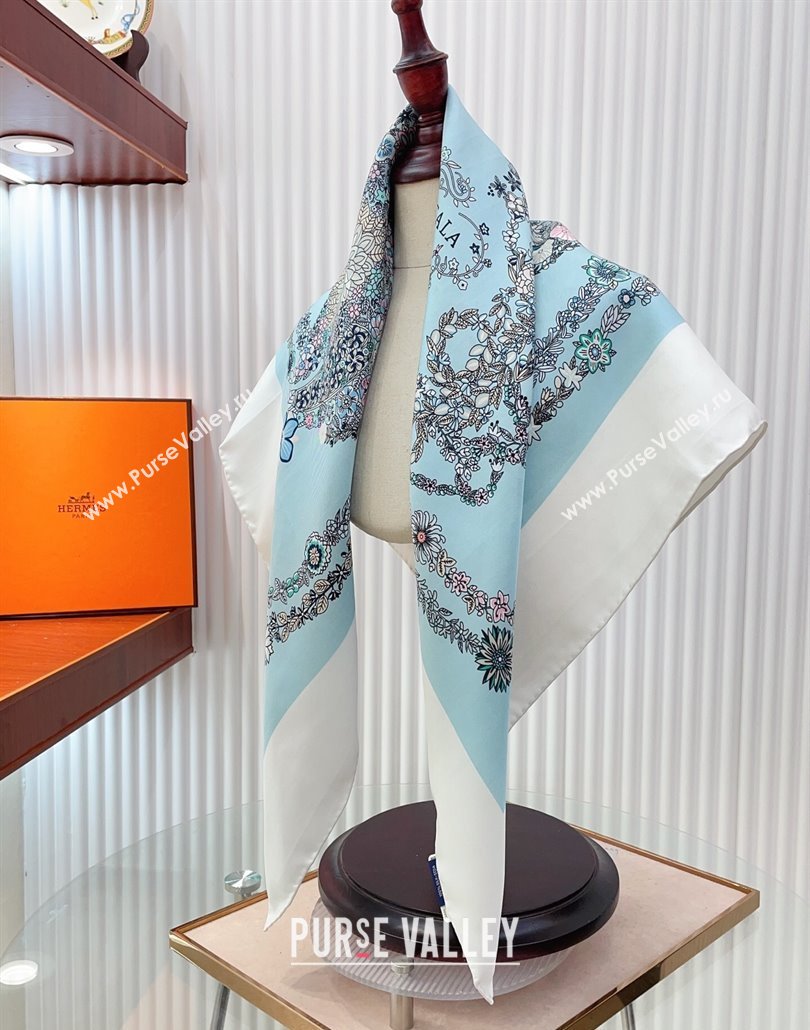 Hermes Brides de Gala en Fleurs Silk Square Scarf 90x90cm White/Blue 2025 (SHI-250319073)