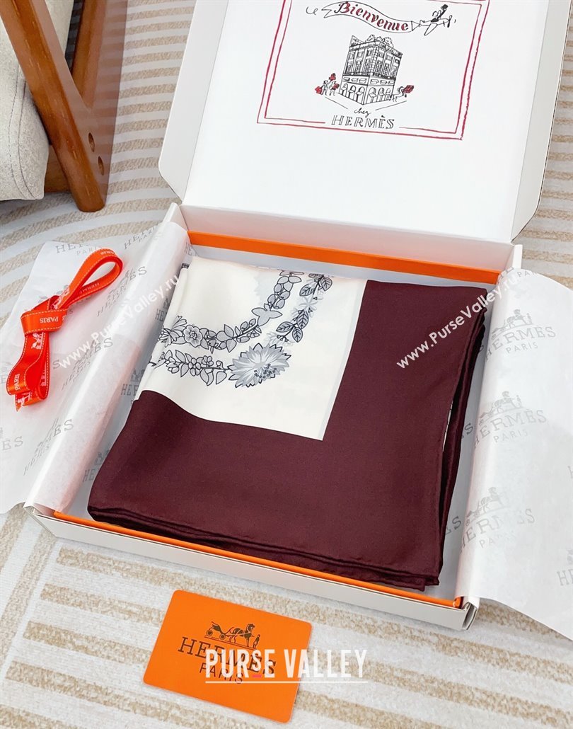 Hermes Brides de Gala en Fleurs Silk Square Scarf 90x90cm White/Brown 2025 (SHI-250319074)