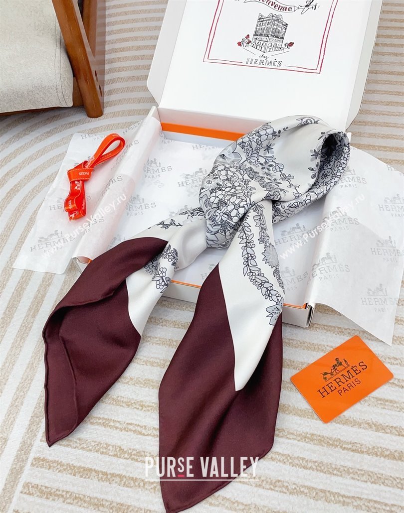 Hermes Brides de Gala en Fleurs Silk Square Scarf 90x90cm White/Brown 2025 (SHI-250319074)