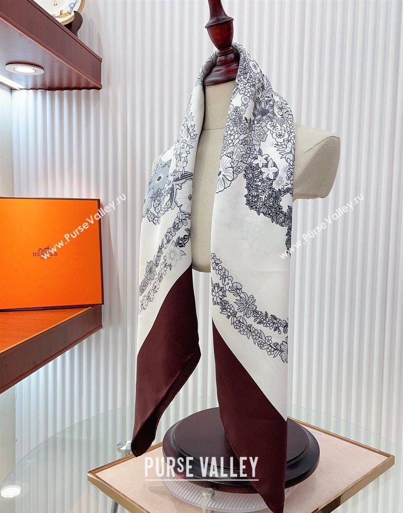 Hermes Brides de Gala en Fleurs Silk Square Scarf 90x90cm White/Brown 2025 (SHI-250319074)