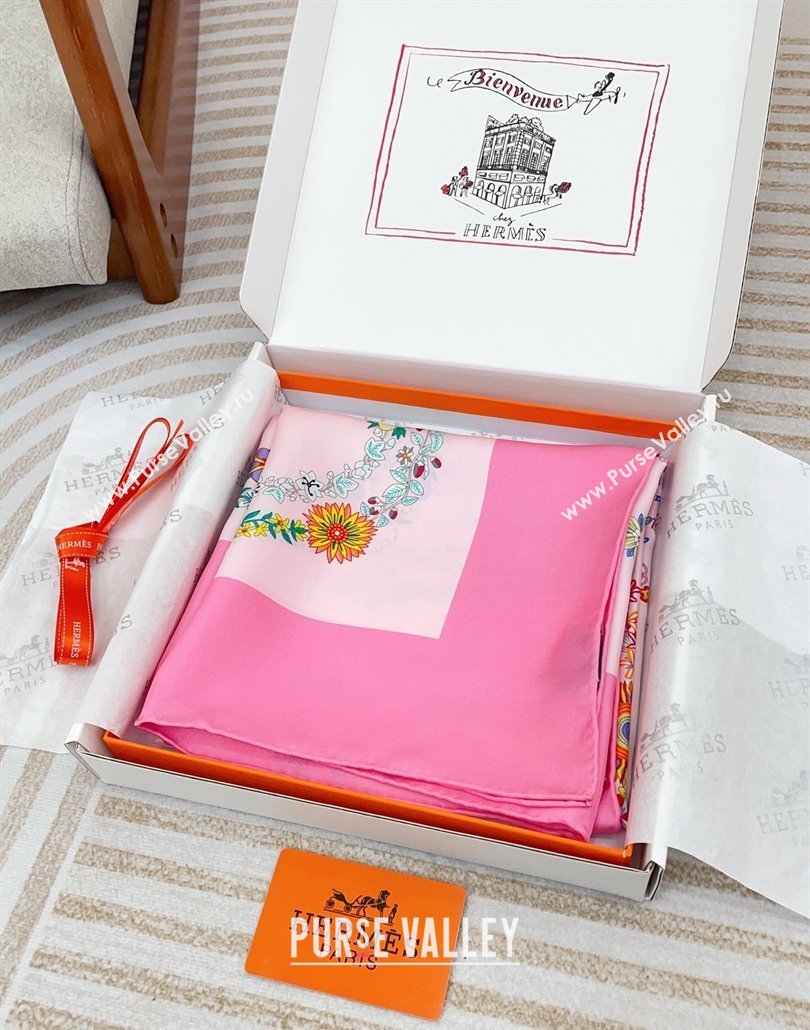 Hermes Brides de Gala en Fleurs Silk Square Scarf 90x90cm Pink 2025 (SHI-250319075)