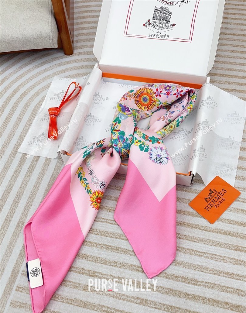 Hermes Brides de Gala en Fleurs Silk Square Scarf 90x90cm Pink 2025 (SHI-250319075)