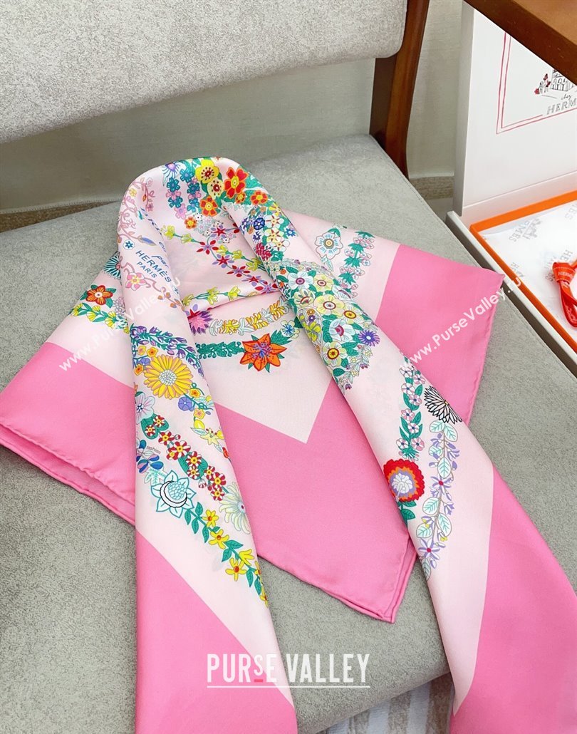 Hermes Brides de Gala en Fleurs Silk Square Scarf 90x90cm Pink 2025 (SHI-250319075)