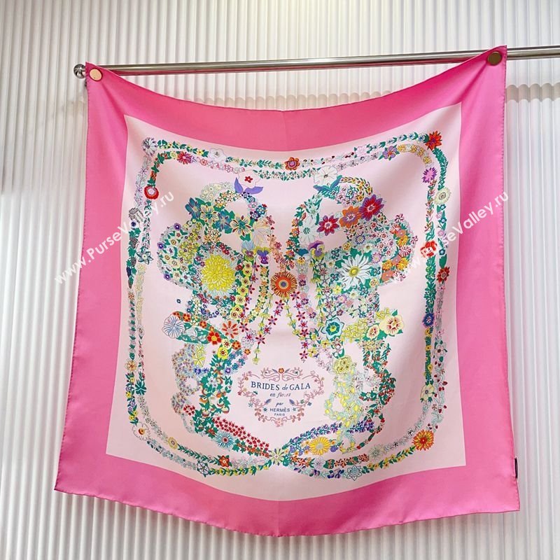 Hermes Brides de Gala en Fleurs Silk Square Scarf 90x90cm Pink 2025 (SHI-250319075)
