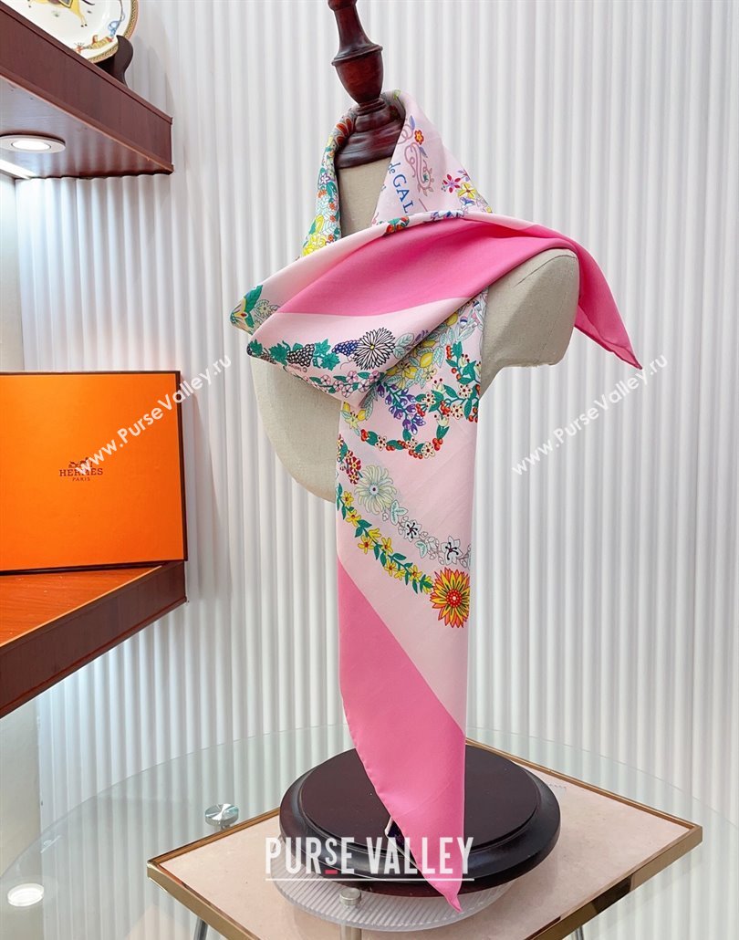 Hermes Brides de Gala en Fleurs Silk Square Scarf 90x90cm Pink 2025 (SHI-250319075)