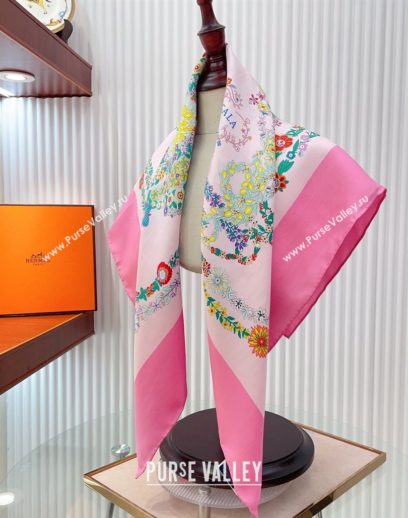 Hermes Brides de Gala en Fleurs Silk Square Scarf 90x90cm Pink 2025 (SHI-250319075)