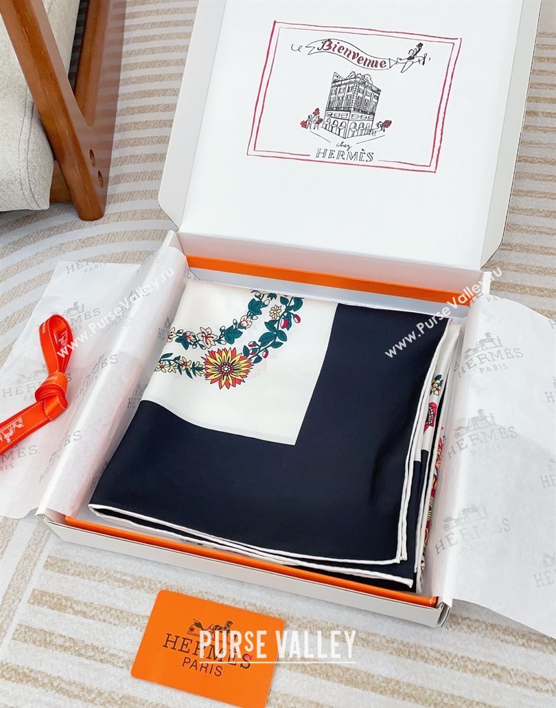 Hermes Brides de Gala en Fleurs Silk Square Scarf 90x90cm White/Black 2025 (SHI-250319076)