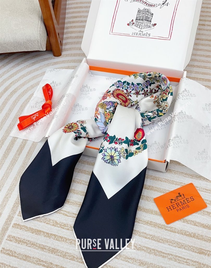 Hermes Brides de Gala en Fleurs Silk Square Scarf 90x90cm White/Black 2025 (SHI-250319076)