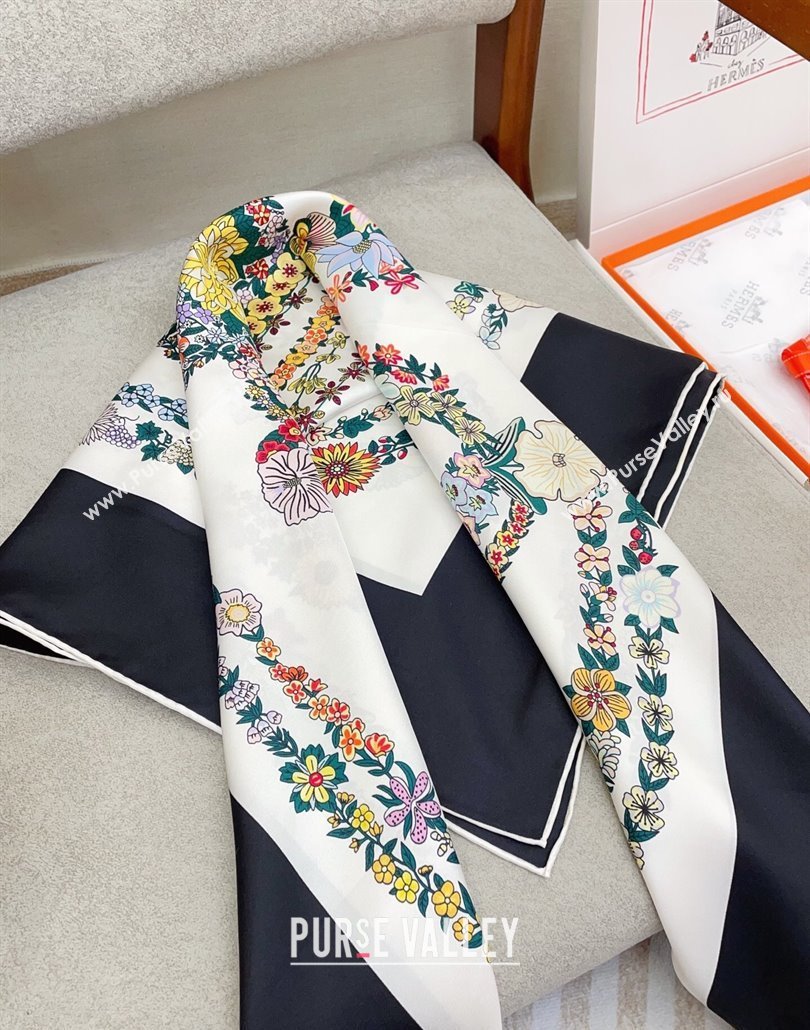 Hermes Brides de Gala en Fleurs Silk Square Scarf 90x90cm White/Black 2025 (SHI-250319076)