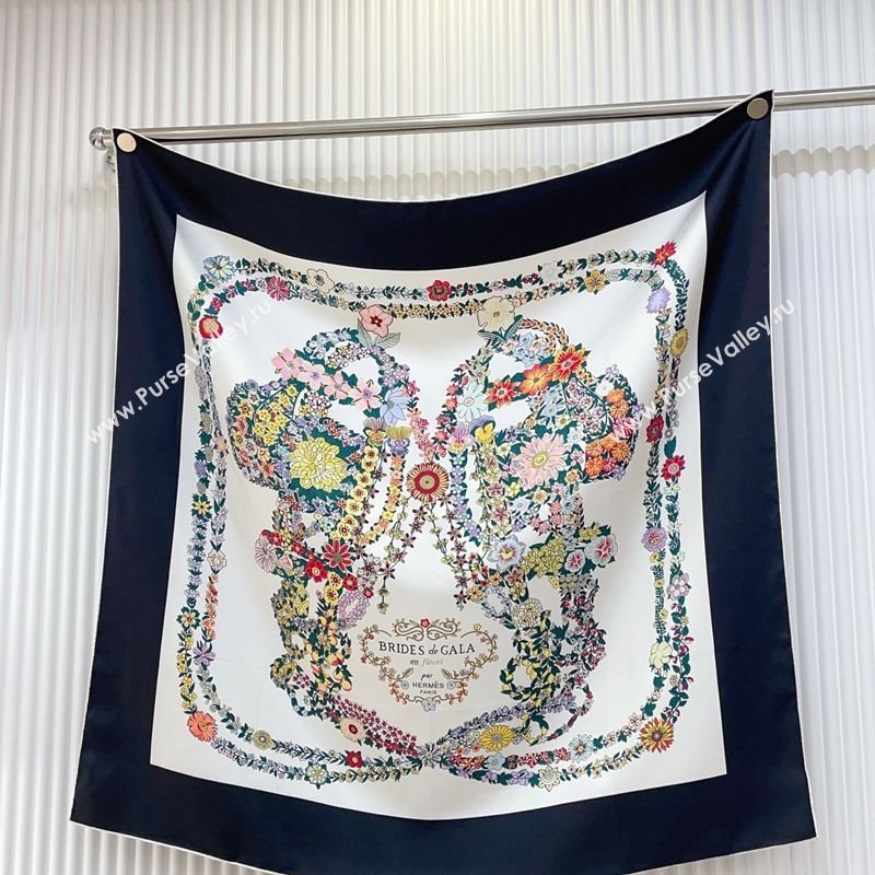 Hermes Brides de Gala en Fleurs Silk Square Scarf 90x90cm White/Black 2025 (SHI-250319076)
