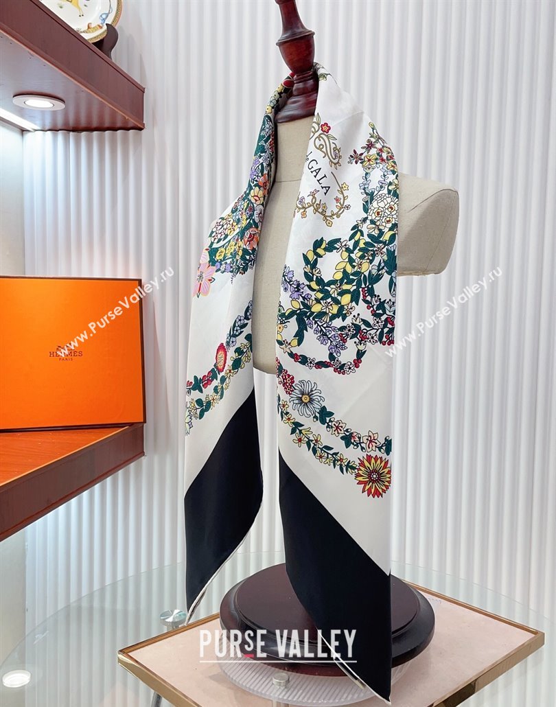 Hermes Brides de Gala en Fleurs Silk Square Scarf 90x90cm White/Black 2025 (SHI-250319076)