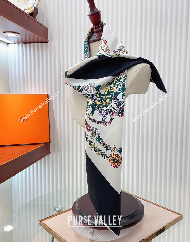Hermes Brides de Gala en Fleurs Silk Square Scarf 90x90cm White/Black 2025 (SHI-250319076)