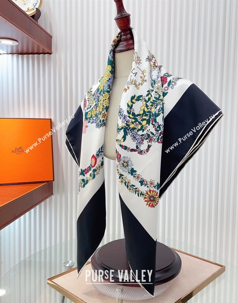 Hermes Brides de Gala en Fleurs Silk Square Scarf 90x90cm White/Black 2025 (SHI-250319076)