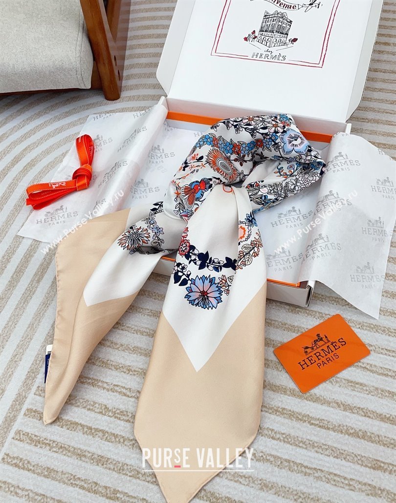 Hermes Brides de Gala en Fleurs Silk Square Scarf 90x90cm White/Beige 2025 (SHI-250319077)