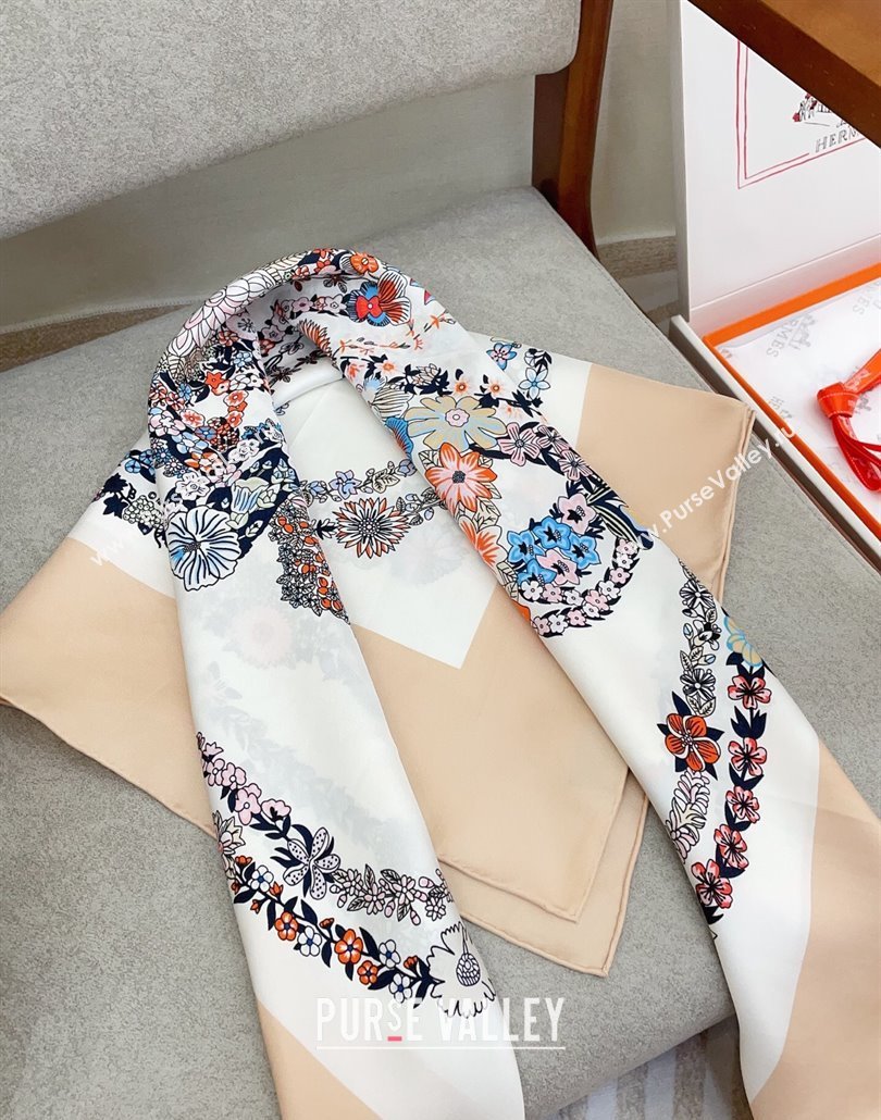 Hermes Brides de Gala en Fleurs Silk Square Scarf 90x90cm White/Beige 2025 (SHI-250319077)