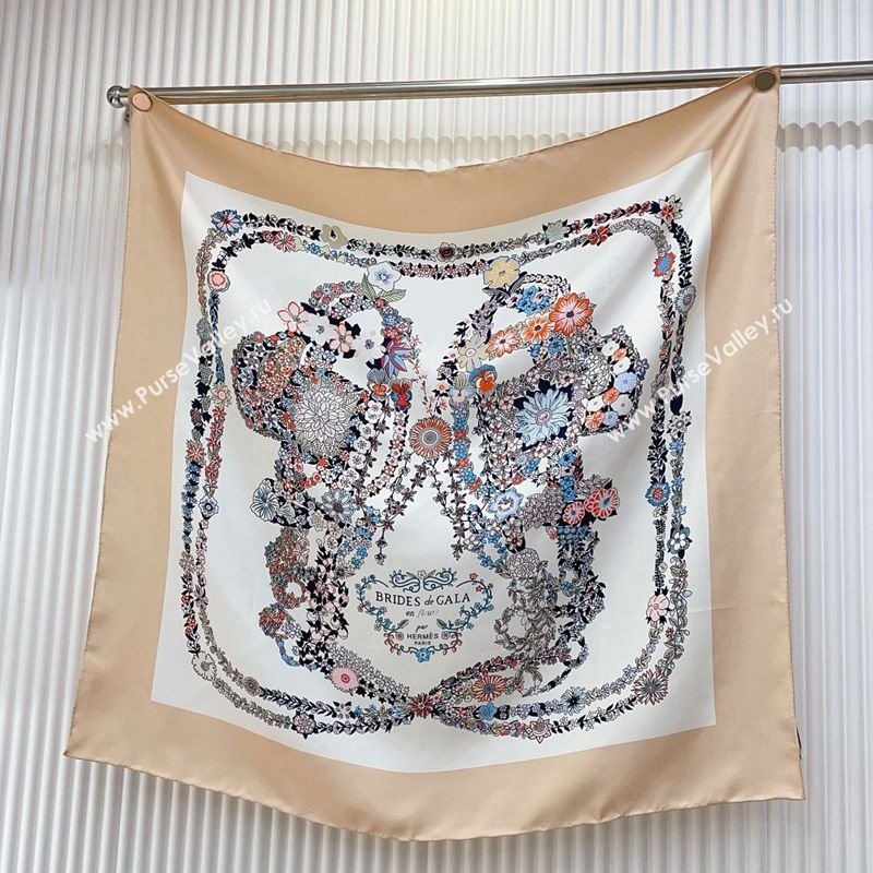 Hermes Brides de Gala en Fleurs Silk Square Scarf 90x90cm White/Beige 2025 (SHI-250319077)