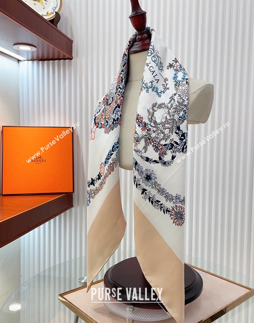 Hermes Brides de Gala en Fleurs Silk Square Scarf 90x90cm White/Beige 2025 (SHI-250319077)