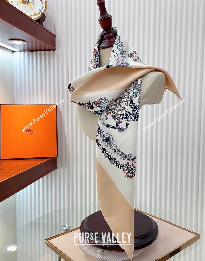 Hermes Brides de Gala en Fleurs Silk Square Scarf 90x90cm White/Beige 2025 (SHI-250319077)