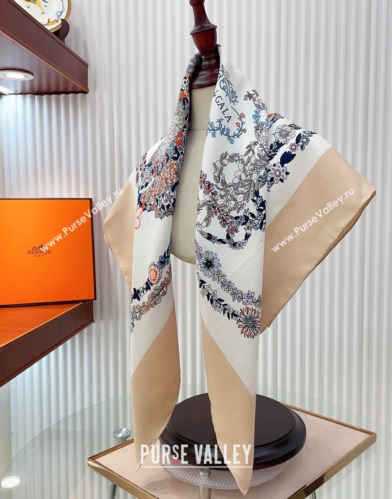 Hermes Brides de Gala en Fleurs Silk Square Scarf 90x90cm White/Beige 2025 (SHI-250319077)