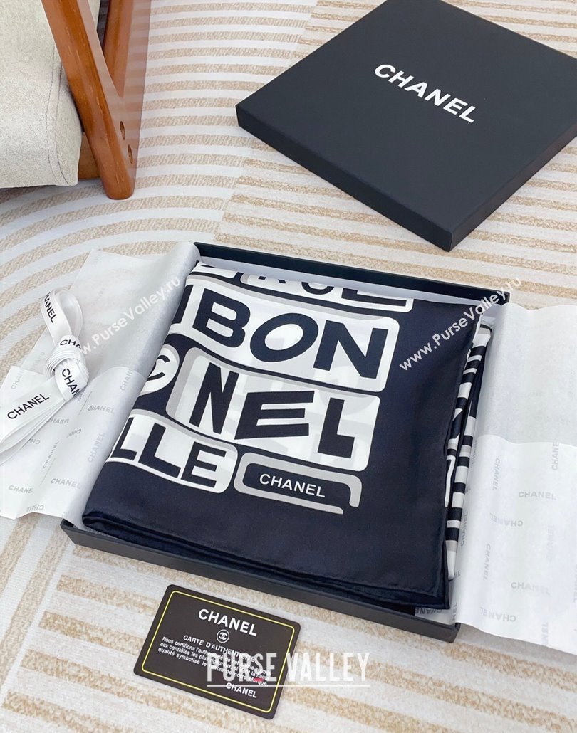 Chanel Gabrielle Silk Square Scarf 90x90cm Black/White 2025 (SHI-250319105)