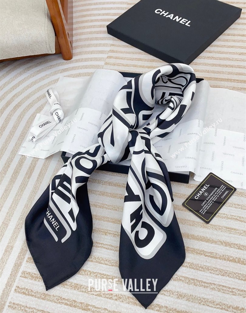 Chanel Gabrielle Silk Square Scarf 90x90cm Black/White 2025 (SHI-250319105)