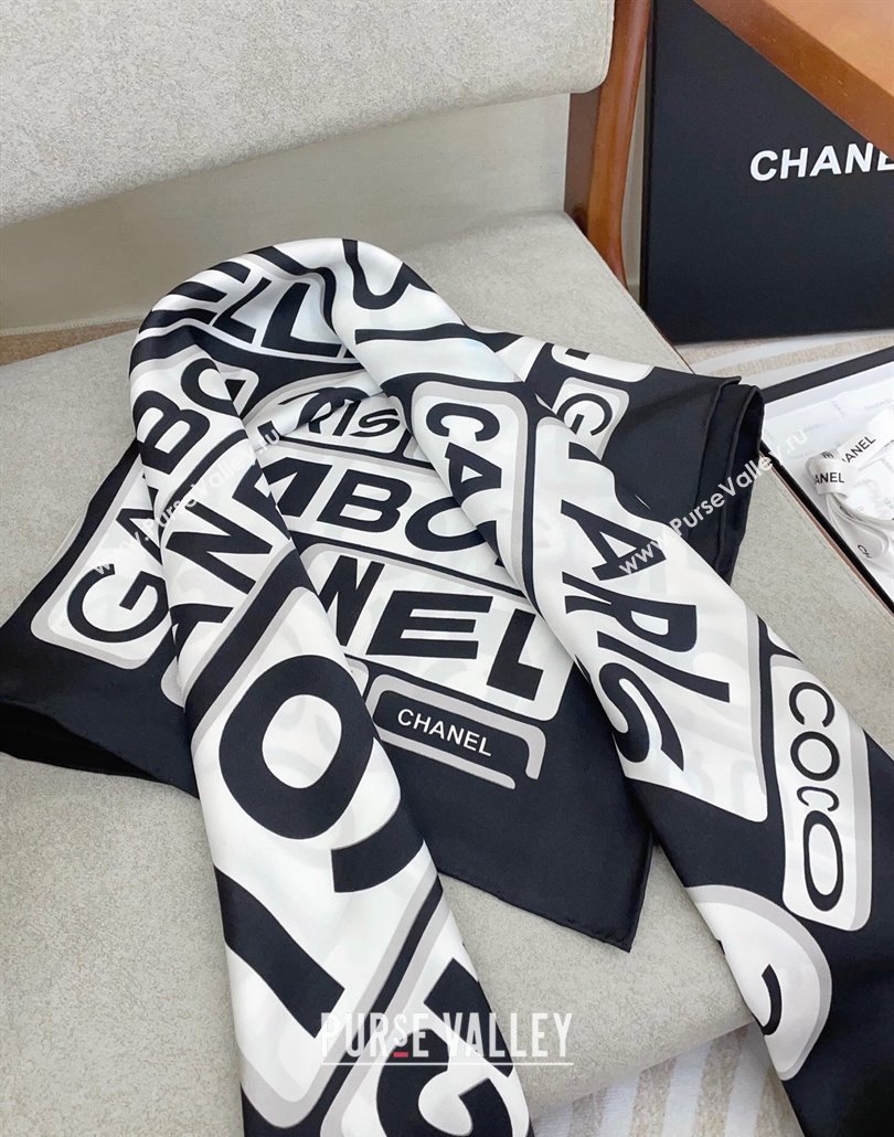 Chanel Gabrielle Silk Square Scarf 90x90cm Black/White 2025 (SHI-250319105)