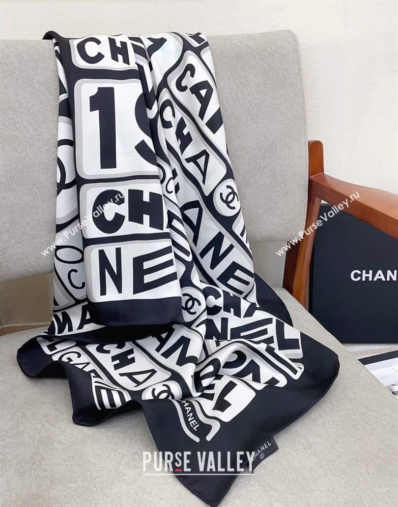 Chanel Gabrielle Silk Square Scarf 90x90cm Black/White 2025 (SHI-250319105)