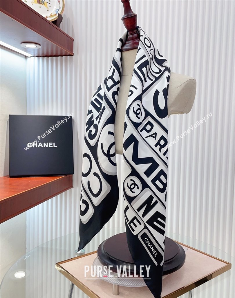 Chanel Gabrielle Silk Square Scarf 90x90cm Black/White 2025 (SHI-250319105)