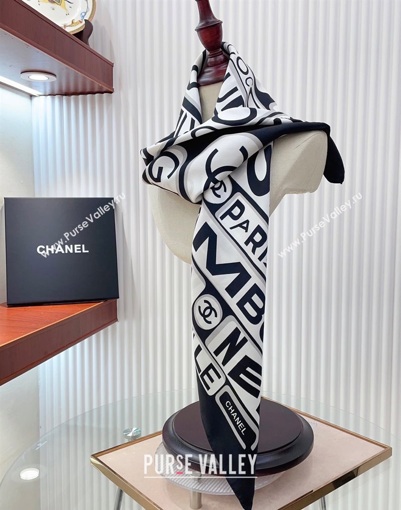 Chanel Gabrielle Silk Square Scarf 90x90cm Black/White 2025 (SHI-250319105)