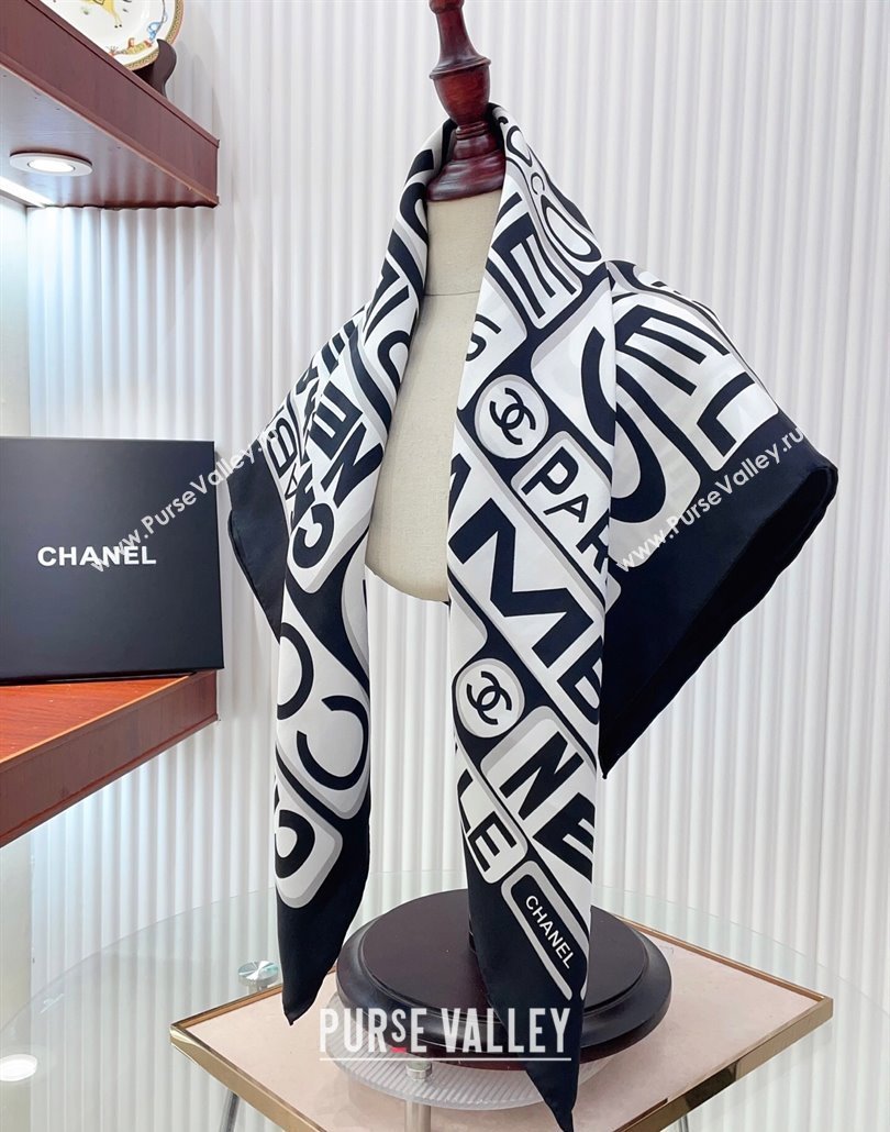 Chanel Gabrielle Silk Square Scarf 90x90cm Black/White 2025 (SHI-250319105)