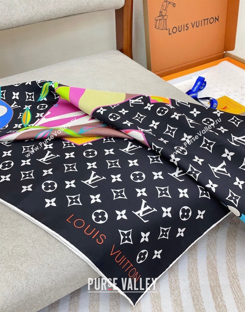 Louis Vuitton LV x TM Monogram Superflat Silk Square Scarf 90x90cm Black 2025 (SHI-250319119)