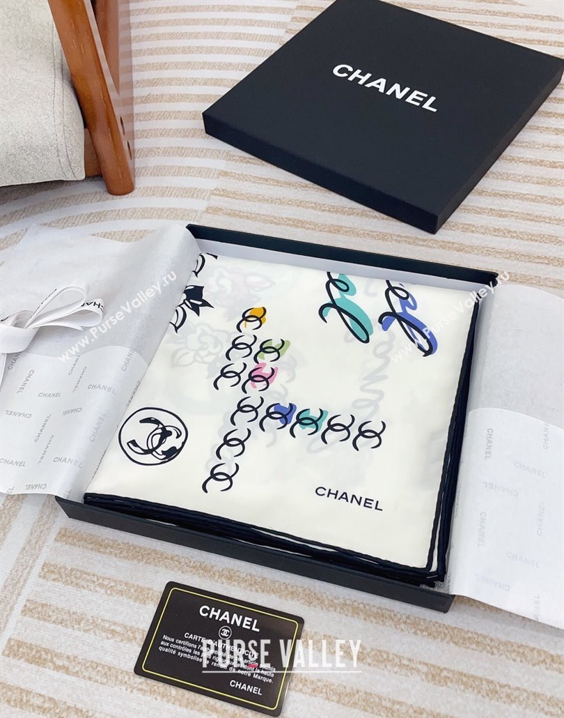 Chanel Multi-CC Silk Square Scarf 90x90cm White 2025 (SHI-250319109)