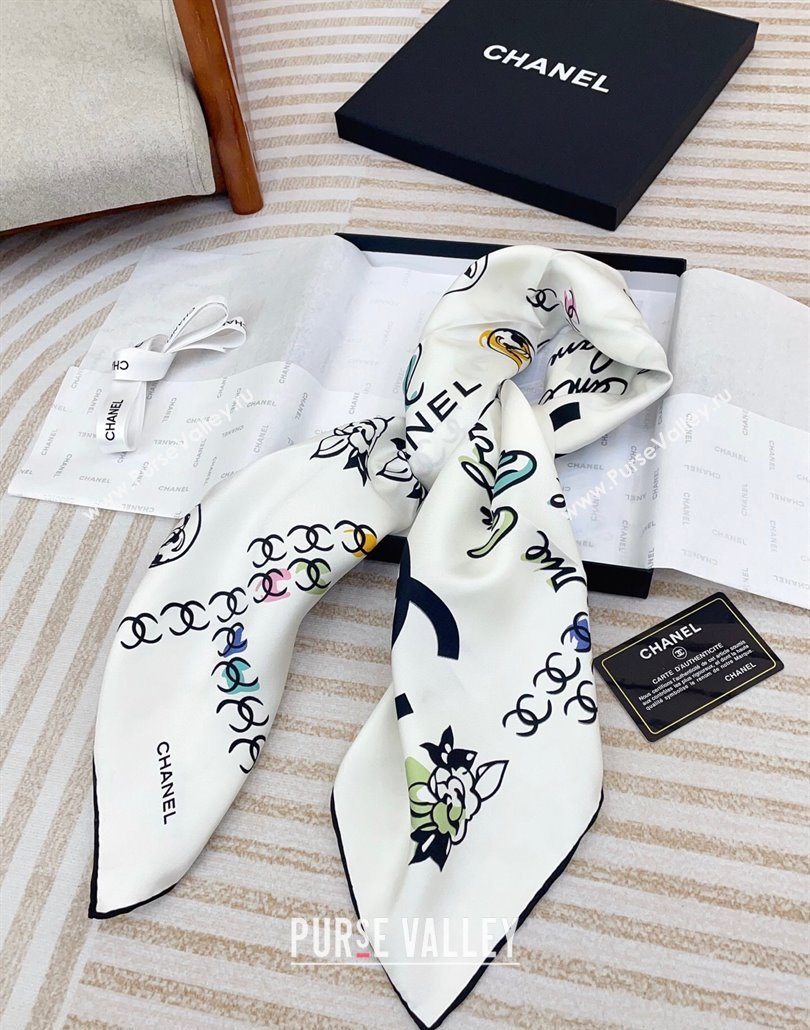 Chanel Multi-CC Silk Square Scarf 90x90cm White 2025 (SHI-250319109)