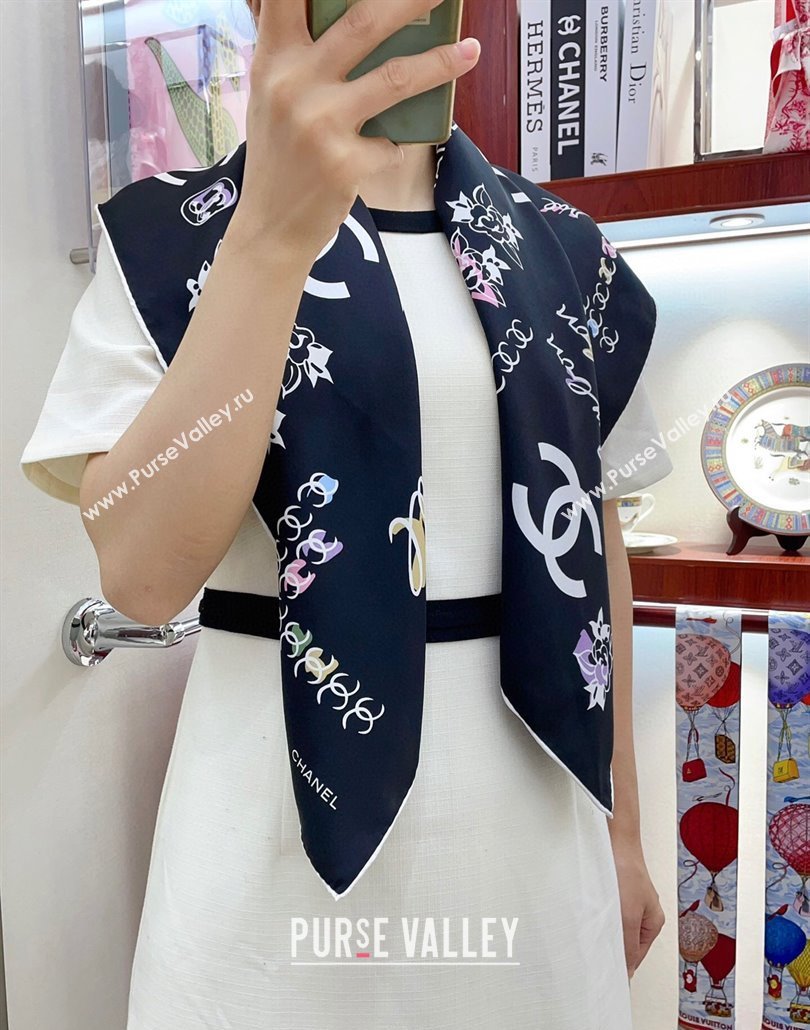 Chanel Multi-CC Silk Square Scarf 90x90cm Black 2025 (SHI-250319110)