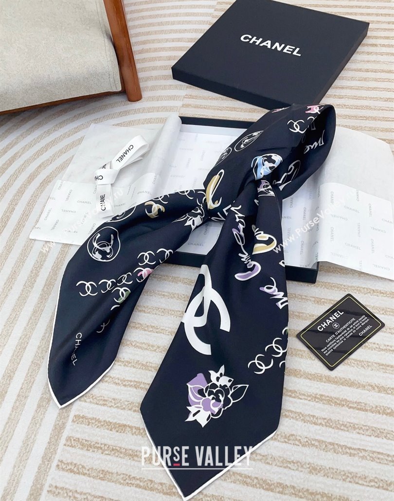Chanel Multi-CC Silk Square Scarf 90x90cm Black 2025 (SHI-250319110)