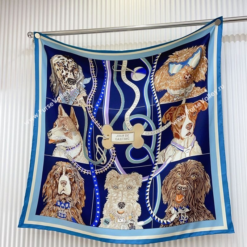 Hermes Dogs Silk Square Scarf 90x90cm Blue 2025 (SHI-250319094)
