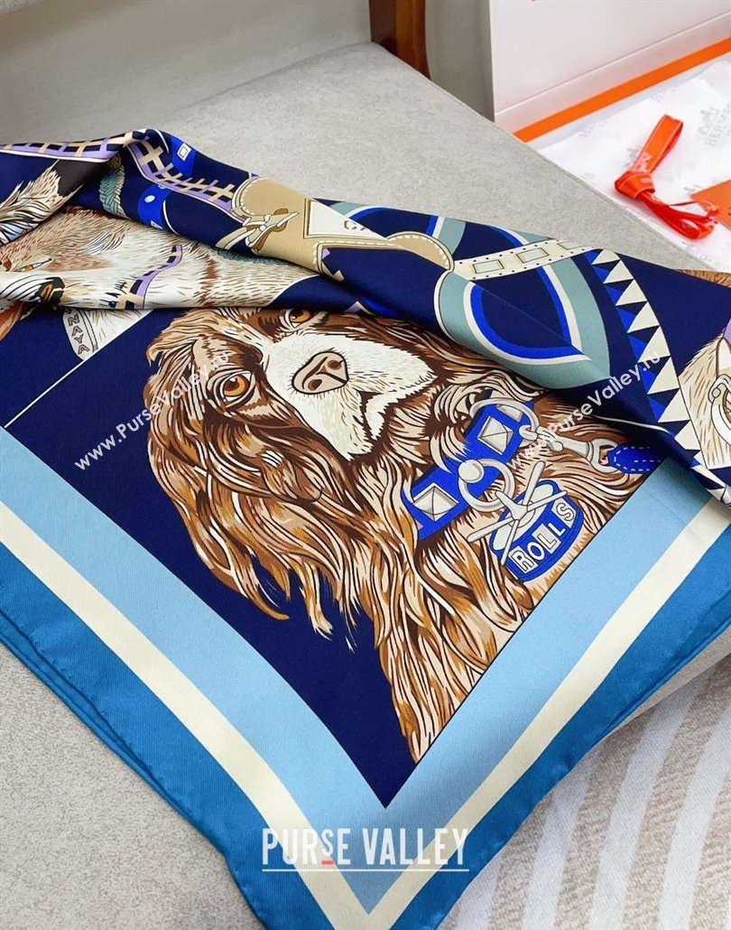 Hermes Dogs Silk Square Scarf 90x90cm Blue 2025 (SHI-250319094)