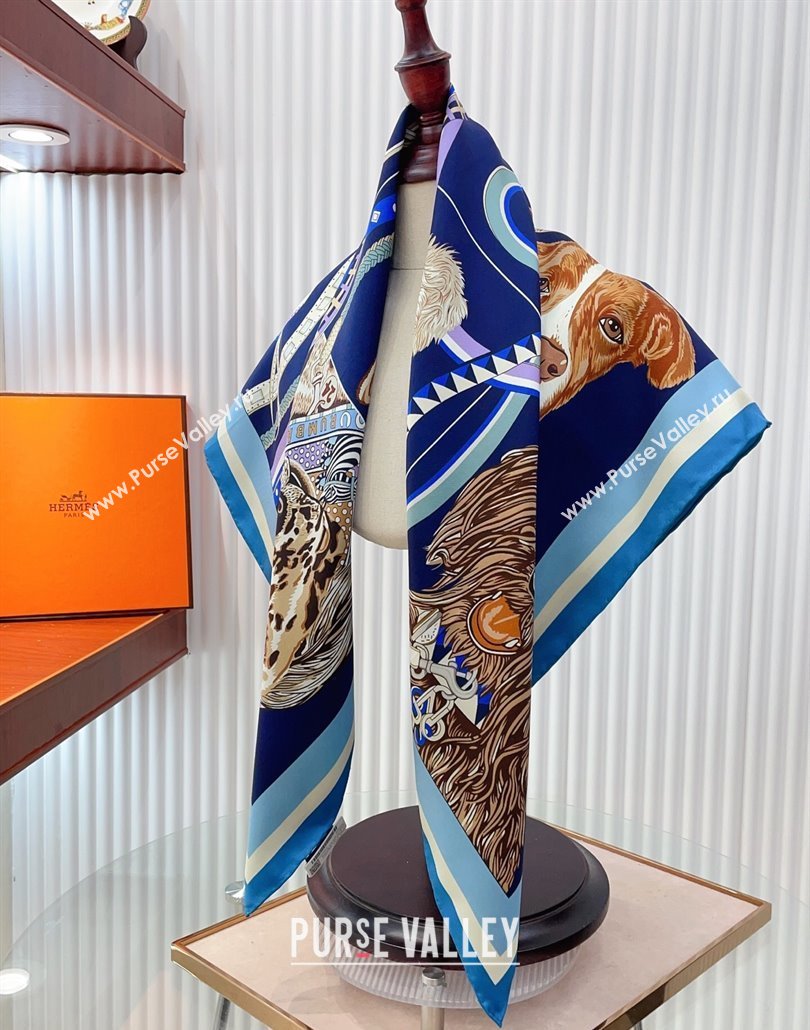 Hermes Dogs Silk Square Scarf 90x90cm Blue 2025 (SHI-250319094)