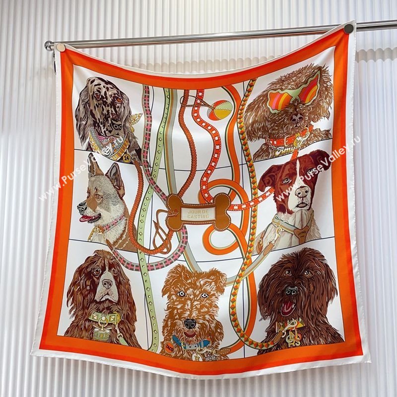 Hermes Dogs Silk Square Scarf 90x90cm Orange 2025 (SHI-250319095)