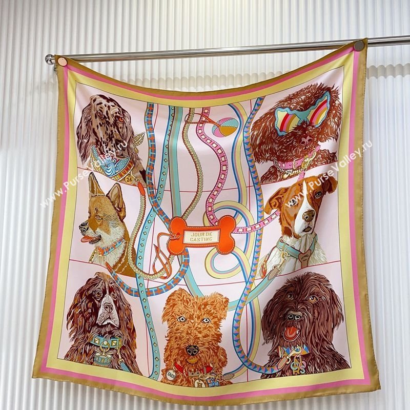 Hermes Dogs Silk Square Scarf 90x90cm Pink 2025 (SHI-250319097)