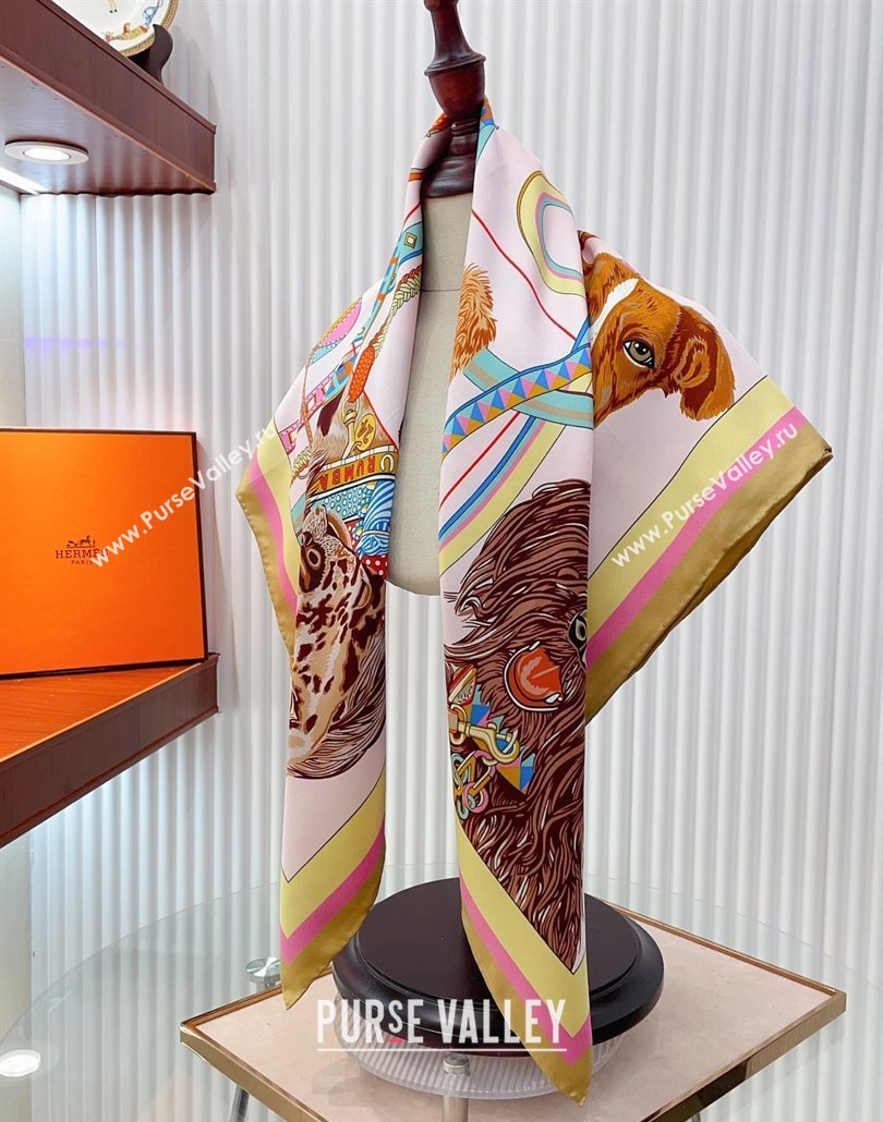 Hermes Dogs Silk Square Scarf 90x90cm Pink 2025 (SHI-250319097)