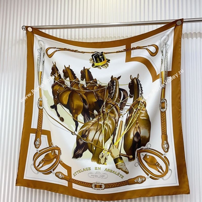 Hermes Attelage en Arbalete forever Silk Square Scarf 90x90cm Brown 2025 (SHI-250319070)