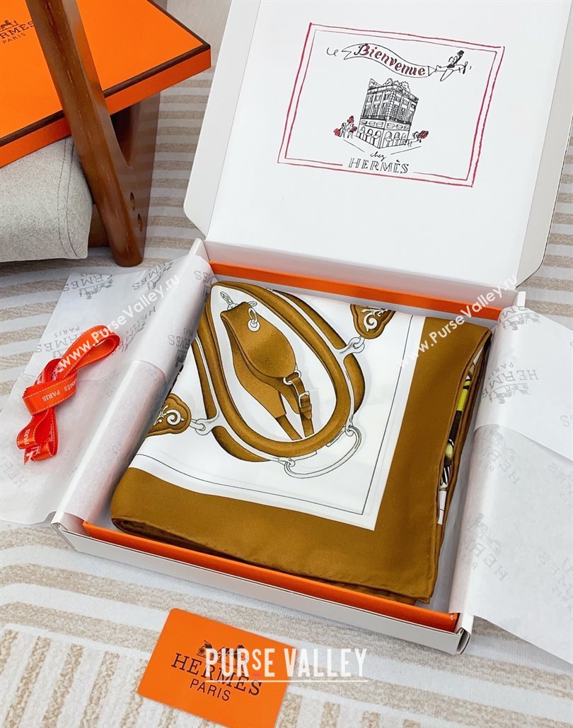 Hermes Attelage en Arbalete forever Silk Square Scarf 90x90cm Brown 2025 (SHI-250319070)