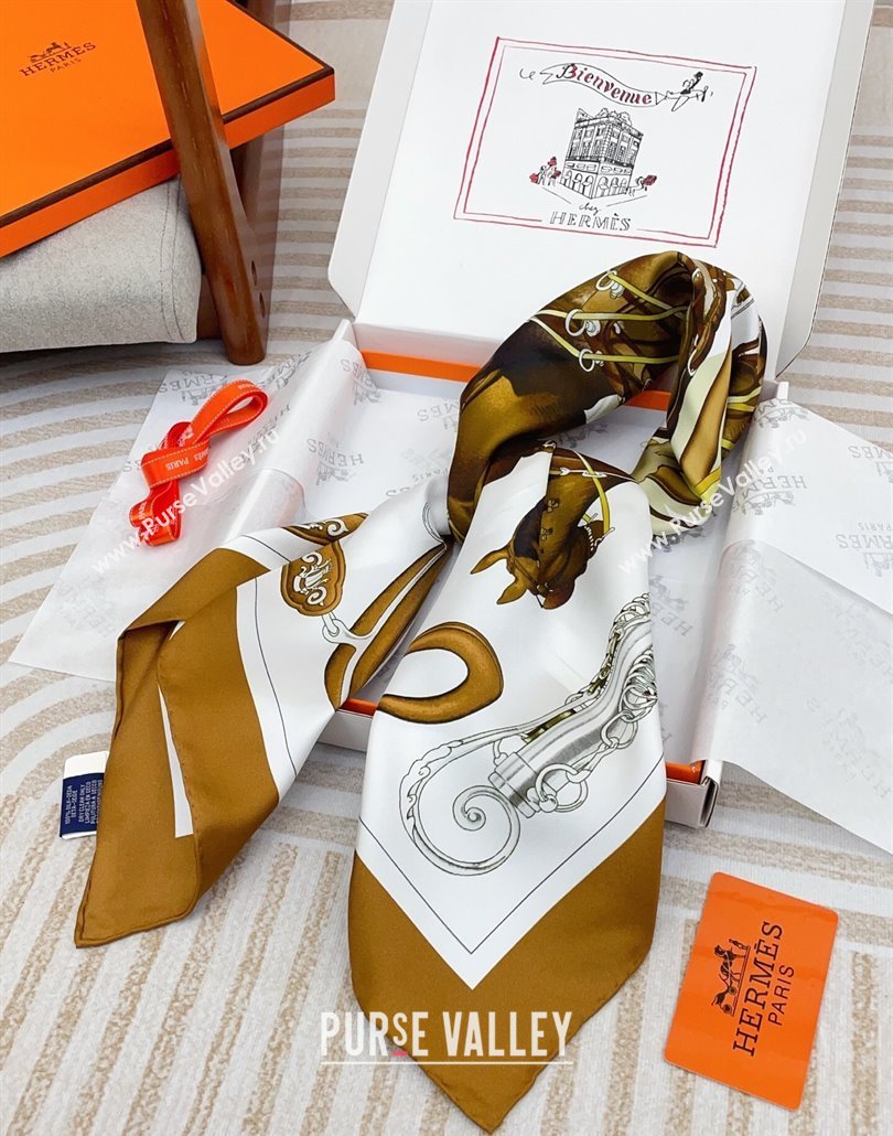 Hermes Attelage en Arbalete forever Silk Square Scarf 90x90cm Brown 2025 (SHI-250319070)