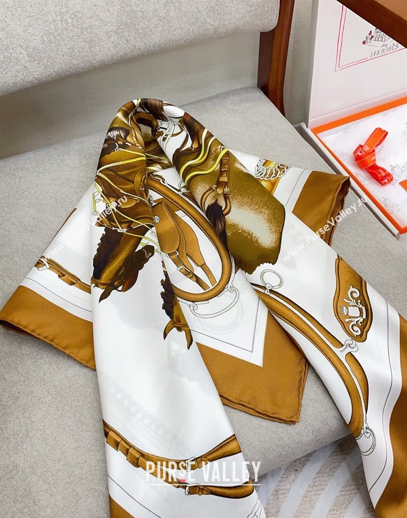 Hermes Attelage en Arbalete forever Silk Square Scarf 90x90cm Brown 2025 (SHI-250319070)