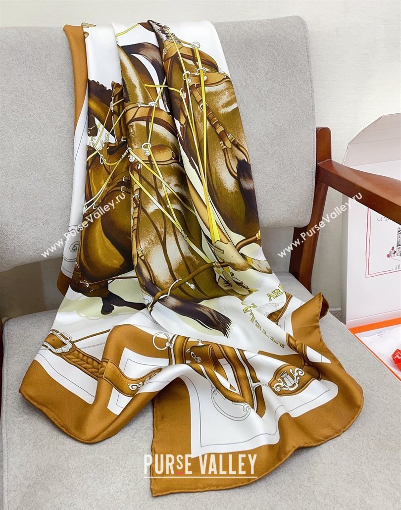 Hermes Attelage en Arbalete forever Silk Square Scarf 90x90cm Brown 2025 (SHI-250319070)