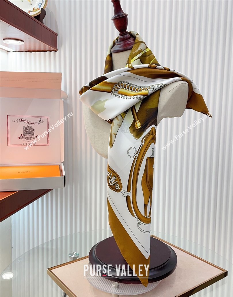 Hermes Attelage en Arbalete forever Silk Square Scarf 90x90cm Brown 2025 (SHI-250319070)