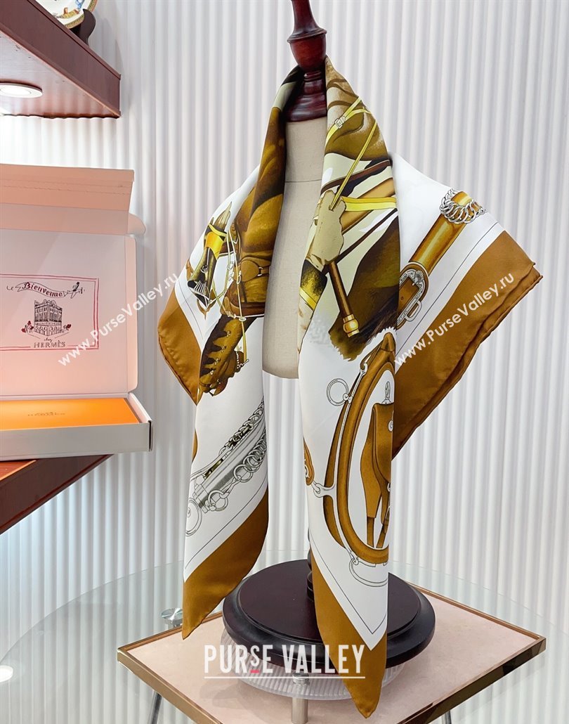 Hermes Attelage en Arbalete forever Silk Square Scarf 90x90cm Brown 2025 (SHI-250319070)