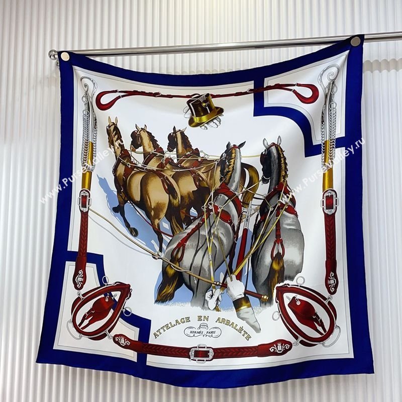 Hermes Attelage en Arbalete forever Silk Square Scarf 90x90cm Blue 2025 (SHI-250319071)